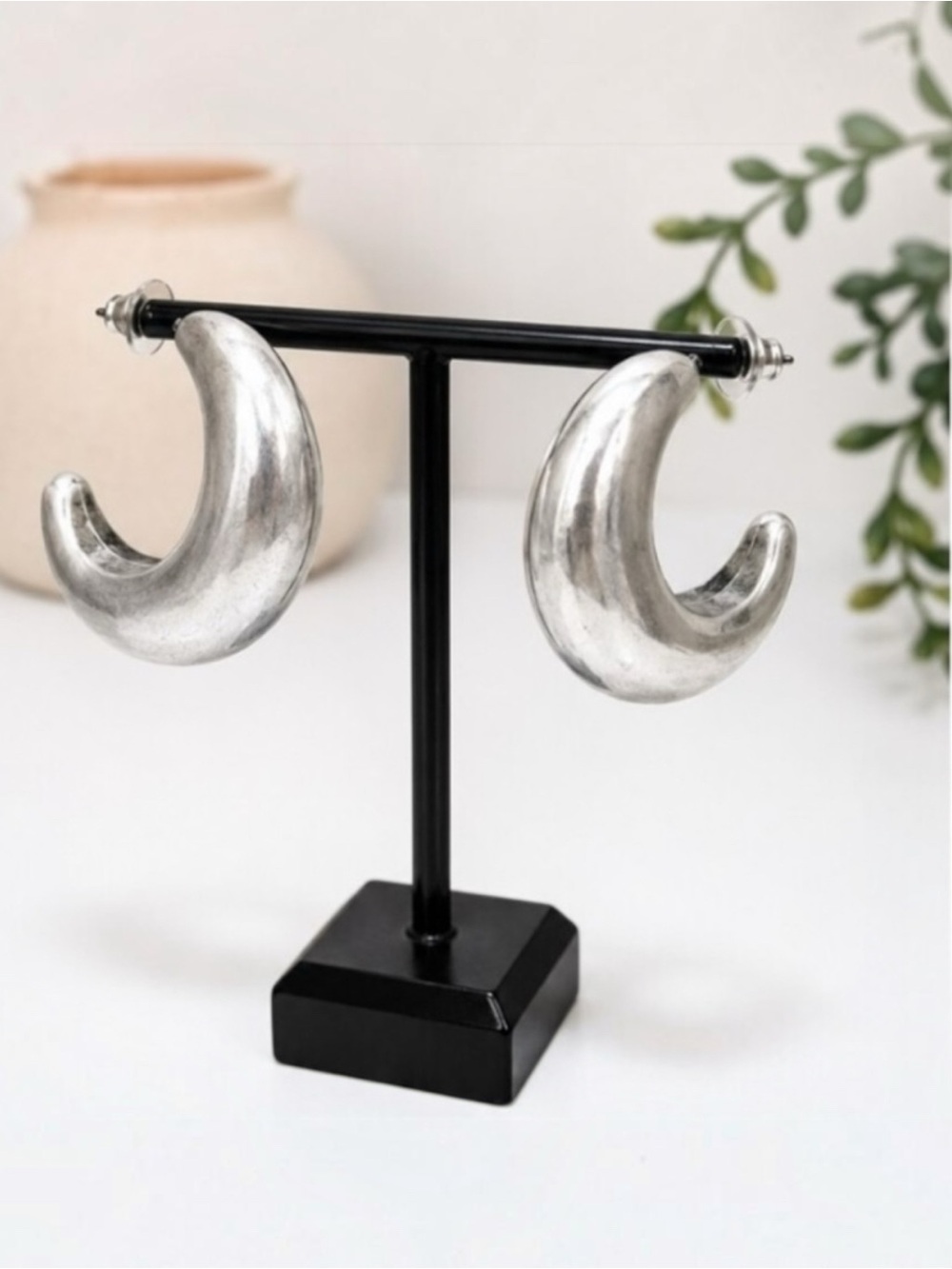 Plunder Silver Chunky Crescent Hoop Earrings